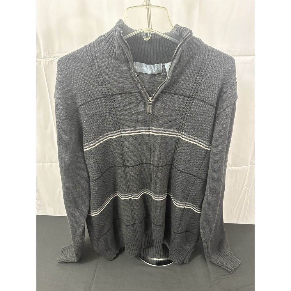 Oscar de la Renta Mens XL 1/4 Zip Sweater Gray Windowpane Striped Cotton Blend